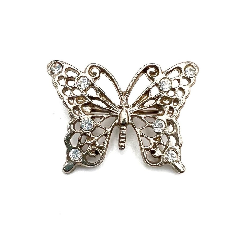 Vintage Silver Tone White Rhinestone Butterfly Moth Brooch Pin 1” Small